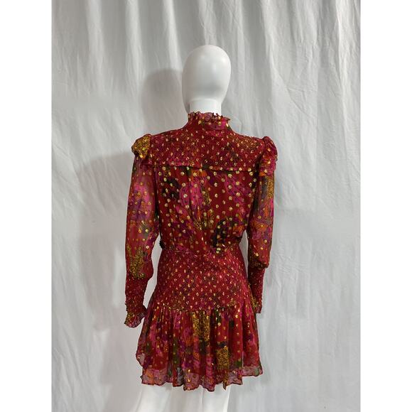 Farm Rio 'Banana' Red Flowers Smocked Long Sleeve Mockneck Mini Dress Size S - Picture 3 of 5